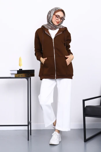 Kahverengi Cepli Fermuarlı Üç İplik Kapşonlu Sweat