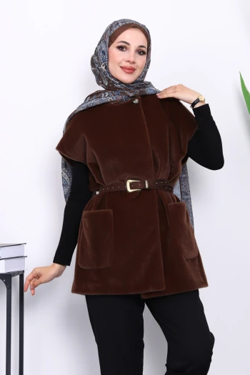 Kahverengi Cepli Kemerli Kaşe Yelek
