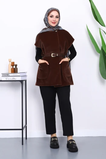 Kahverengi Cepli Kemerli Kaşe Yelek