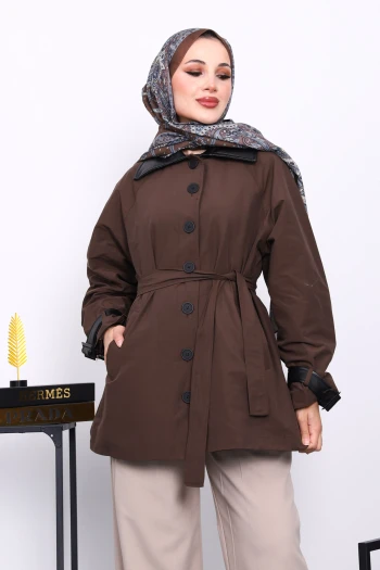 Kahverengi Deri Detaylı Kuşaklı Trençkot