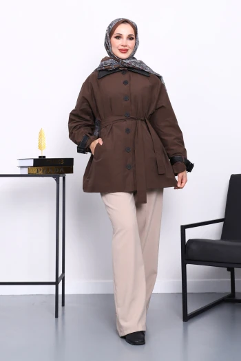 Kahverengi Deri Detaylı Kuşaklı Trençkot