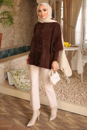 Kahverengi Dik Yaka Angora Yumoş Hırka