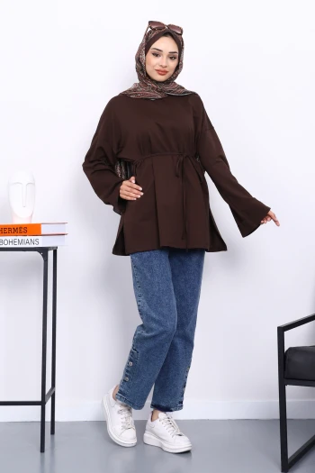 Kahverengi Dikiş Detaylı Yanları Yırtmaçlı Sweatshirt