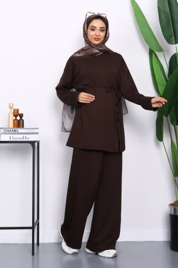 Kahverengi Düğme Detaylı Tunik Pantolonlu Modal Takım