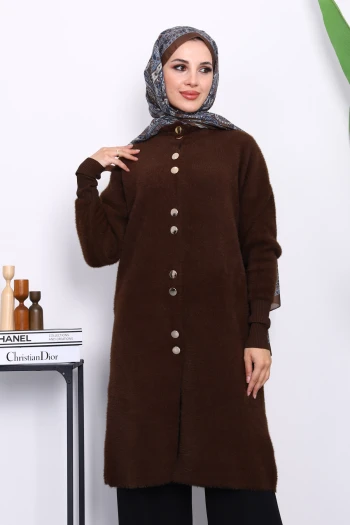 Kahverengi Düğmeli Angora Yumoş Triko Hırka