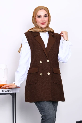 Kahverengi Düğmeli Buklet Yelek