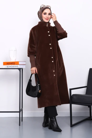 Kahverengi Düğmeli Kolları Triko Angora Kaban