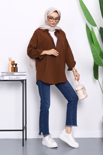 Kahverengi Düğmeli Salaş Terikoton Gömlek