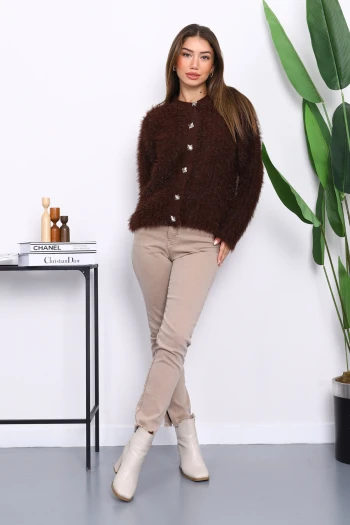 Kahverengi Düğmeli Simli Angora Yumoş Triko Hırka