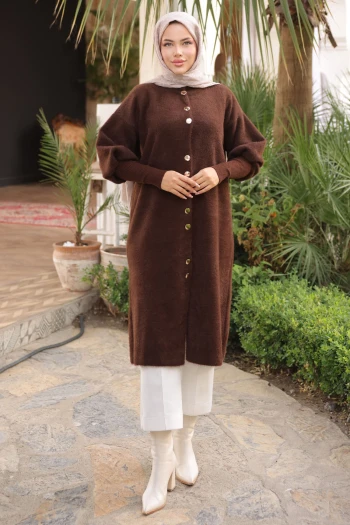 Kahverengi Hakim Yaka Angora Yumoş Hırka