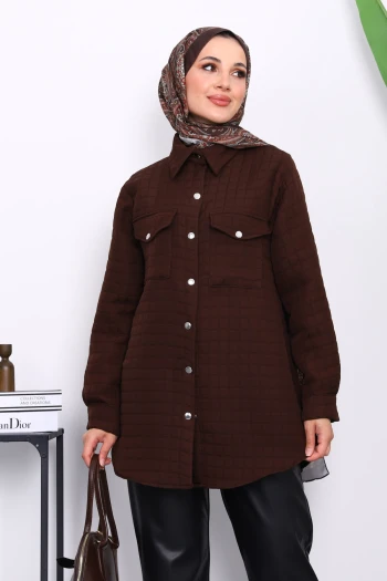 Kahverengi Kapitone Çıtçıtlı Cepli Ceket