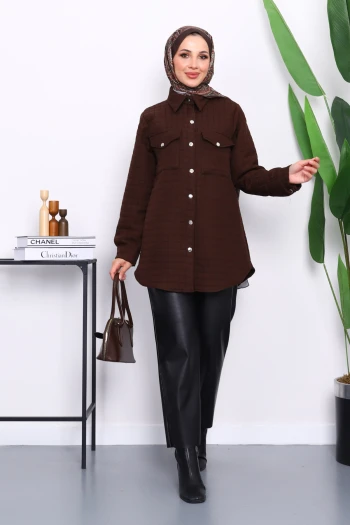Kahverengi Kapitone Çıtçıtlı Cepli Ceket