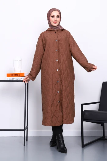 Kahverengi Kapitone Kapşonlu Trençkot