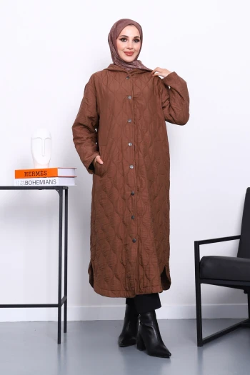 Kahverengi Kapitone Kapşonlu Trençkot