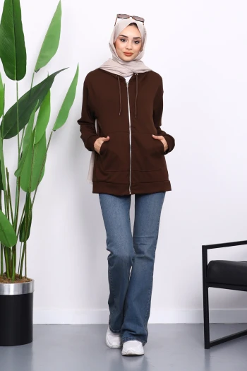 Kahverengi Kapşonlu Fermuarlı Modal Sweat Hırka