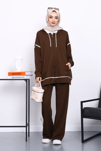 Kahverengi Kapşonlu Garnili Modal Takım