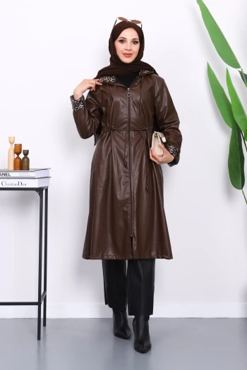 Kahverengi Kapşonlu Kolu Katlı Deri Trençkot