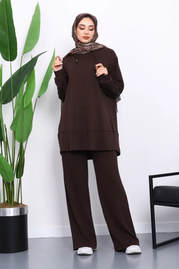 Kahverengi Kapşonlu Tunik Pantolonlu Takım
