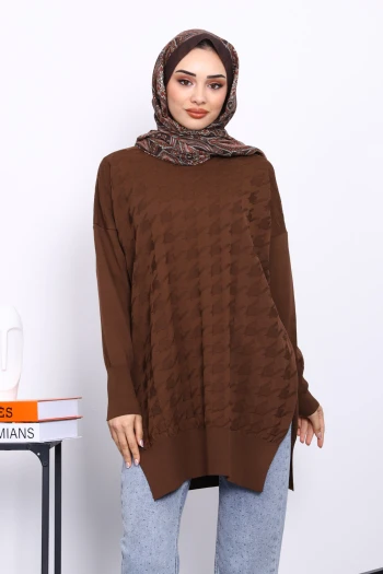 Kahverengi Kazayağı Desenli Soğuk İplik Triko Tunik
