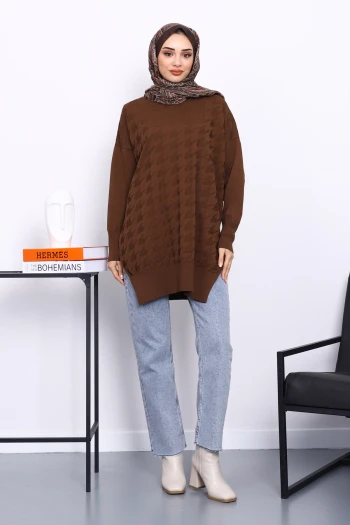 Kahverengi Kazayağı Desenli Soğuk İplik Triko Tunik