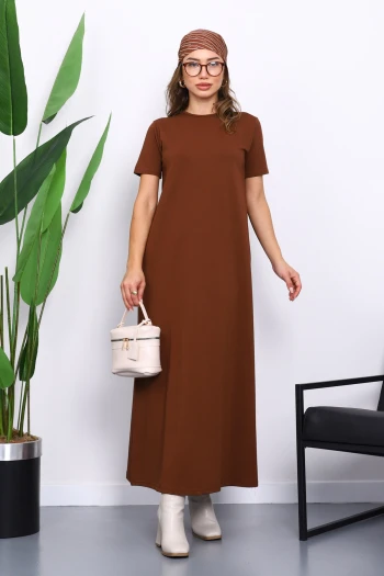 Kahverengi Kısa Kol Tesettür İçlik Elbise