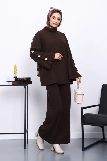 Kahverengi Kol Düğme Detaylı Tunik Pantolonlu Takım
