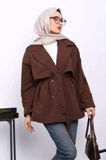 Kahverengi Kravuze Yaka Düğmeli Kısa Trençkot