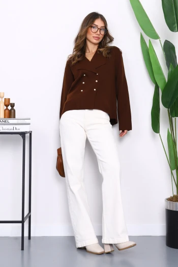 Kahverengi Kruvaze Yaka Düğmeli Triko Hırka