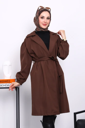 Kahverengi Kruvaze Yaka Kuşaklı Trençkot