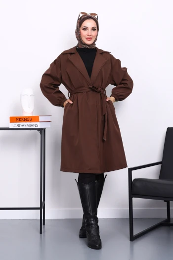 Kahverengi Kruvaze Yaka Kuşaklı Trençkot