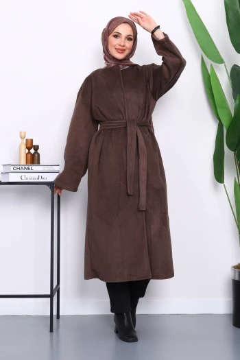 Kahverengi Kuşaklı Kaşe Kaban