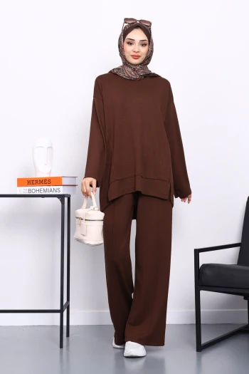 Kahverengi Ön Detaylı Modal Tunik Pantolonlu Takım