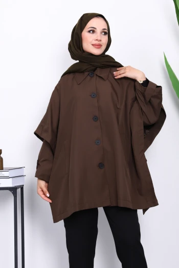 Kahverengi Oversize Düğmeli Panço Trenç