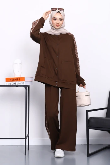 Kahverengi Pul Payetli Tunik Pantolonlu Takım
