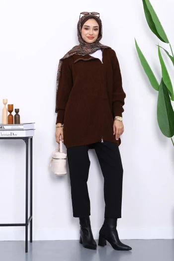 Kahverengi Selanik Örgülü Fermuarlı Triko Hırka