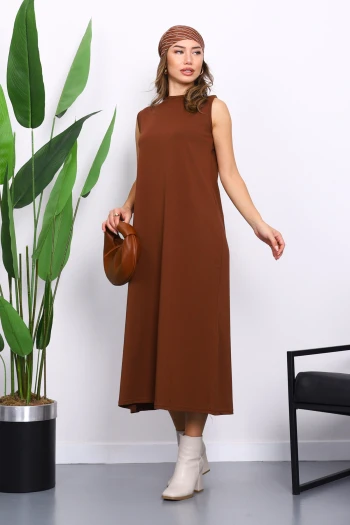 Kahverengi Sıfır Kol Penye Tesettür İçlik Elbise