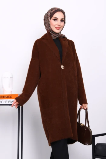 Kahverengi Tek Düğmeli Angora Yumoş Triko Hırka