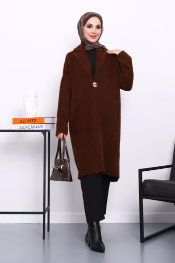 Kahverengi Tek Düğmeli Angora Yumoş Triko Hırka