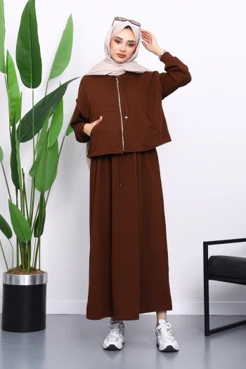 Kahverengi Üç İplik Sweat Hırka Elbise Kombin Takım