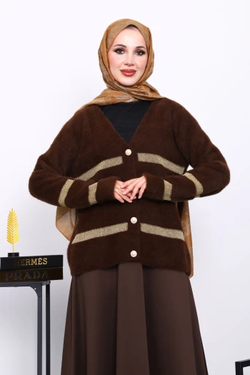 Kahverengi V Yaka Angora Yumoş Hırka