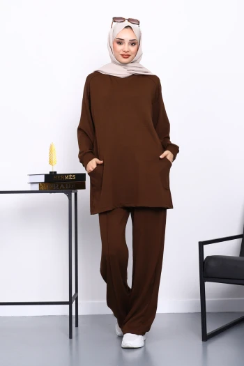 Kahverengi Yan Cepli Omuz Parçalı Alt Çımalı Modal Takım