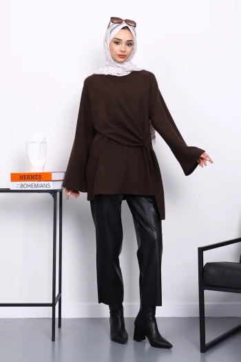 Kahverengi Yandan Şallı Fitilli Tunik