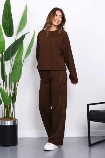 Kahverengi Yanları Taş Detaylı Modal Takım