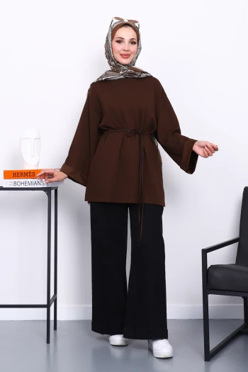 Kahverengi Yanları Yırtmaçlı Bel İpli Tunik