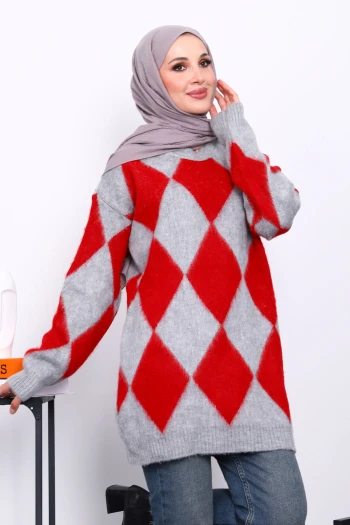 Kırmızı Baklava Desenli Triko Kazak