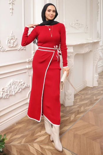 Kırmızı Yan Bağlama Detaylı Fitilli İkili Triko Elbise