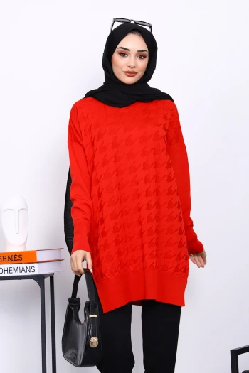 Kırmızı Kazayağı Desenli Soğuk İplik Triko Tunik