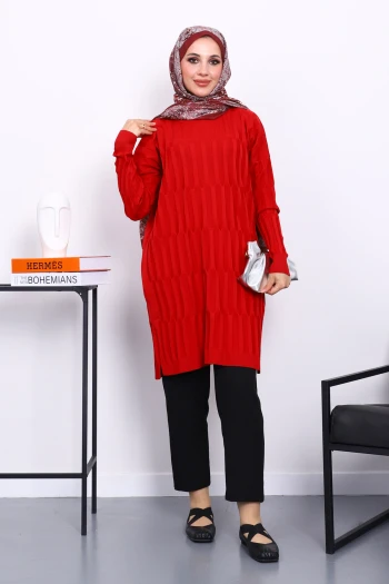 Kırmızı Soğuk İplik Merserize Triko Tunik