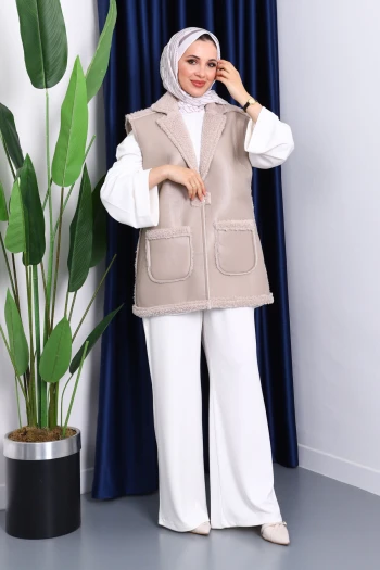 Koyu Bej Cepli Kürklü Deri Yelek
