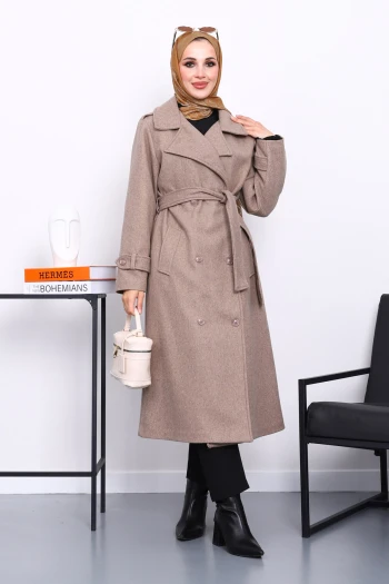 Koyu Bej Kruvaze Yaka Kuşaklı Kaşe Kaban